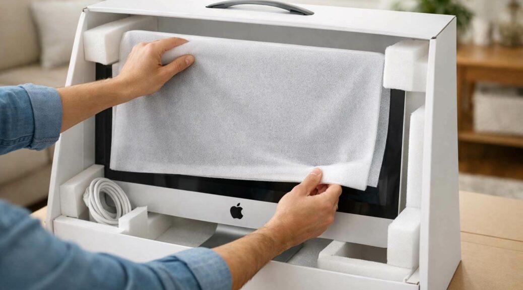 使用者小心地將 iMac 裝回原廠白色盒子中 / User carefully packing an iMac into its original white box